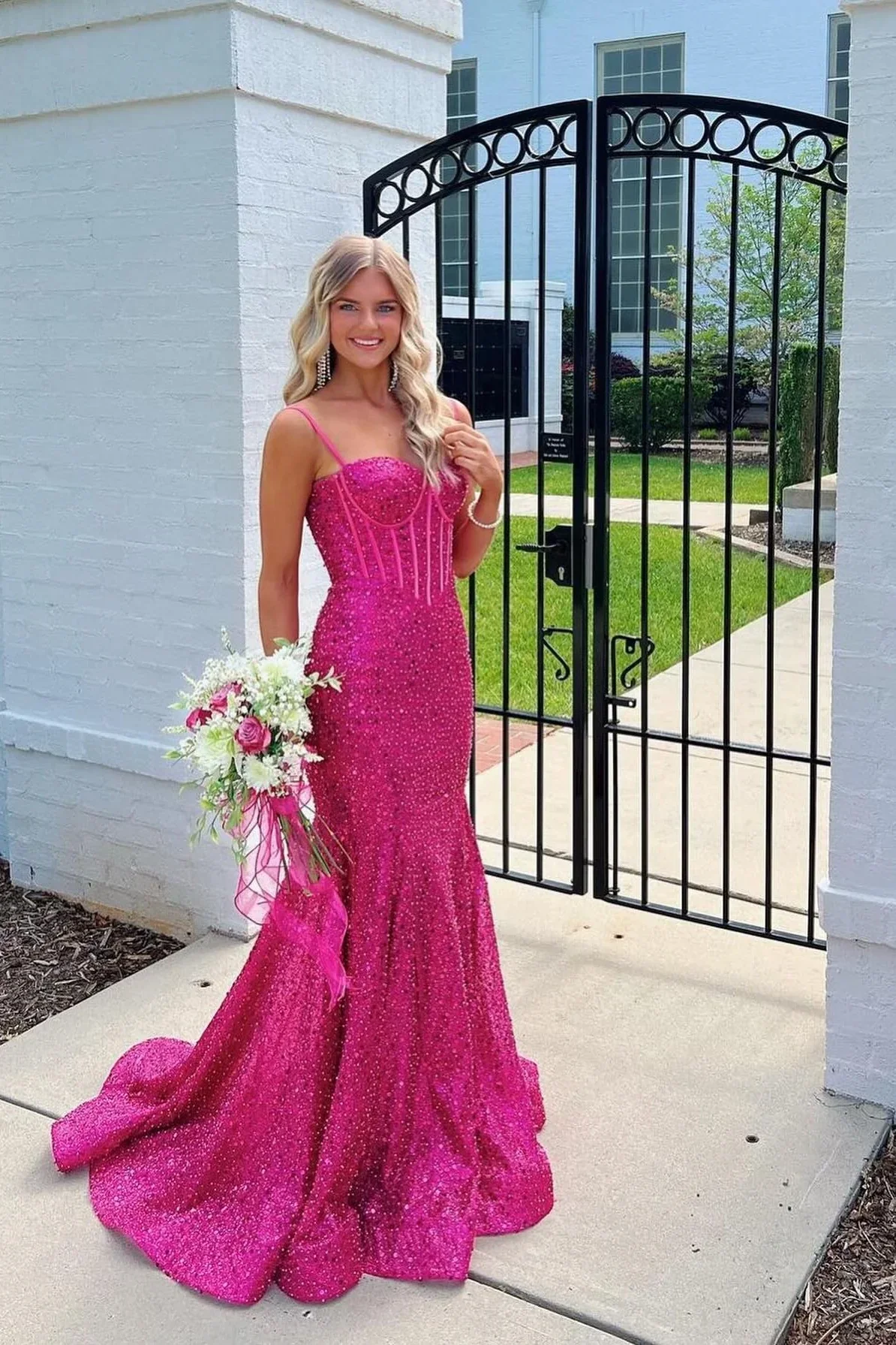 Light Blue Mermaid Spaghetti Straps Long Beaded Prom Dress - Image 9