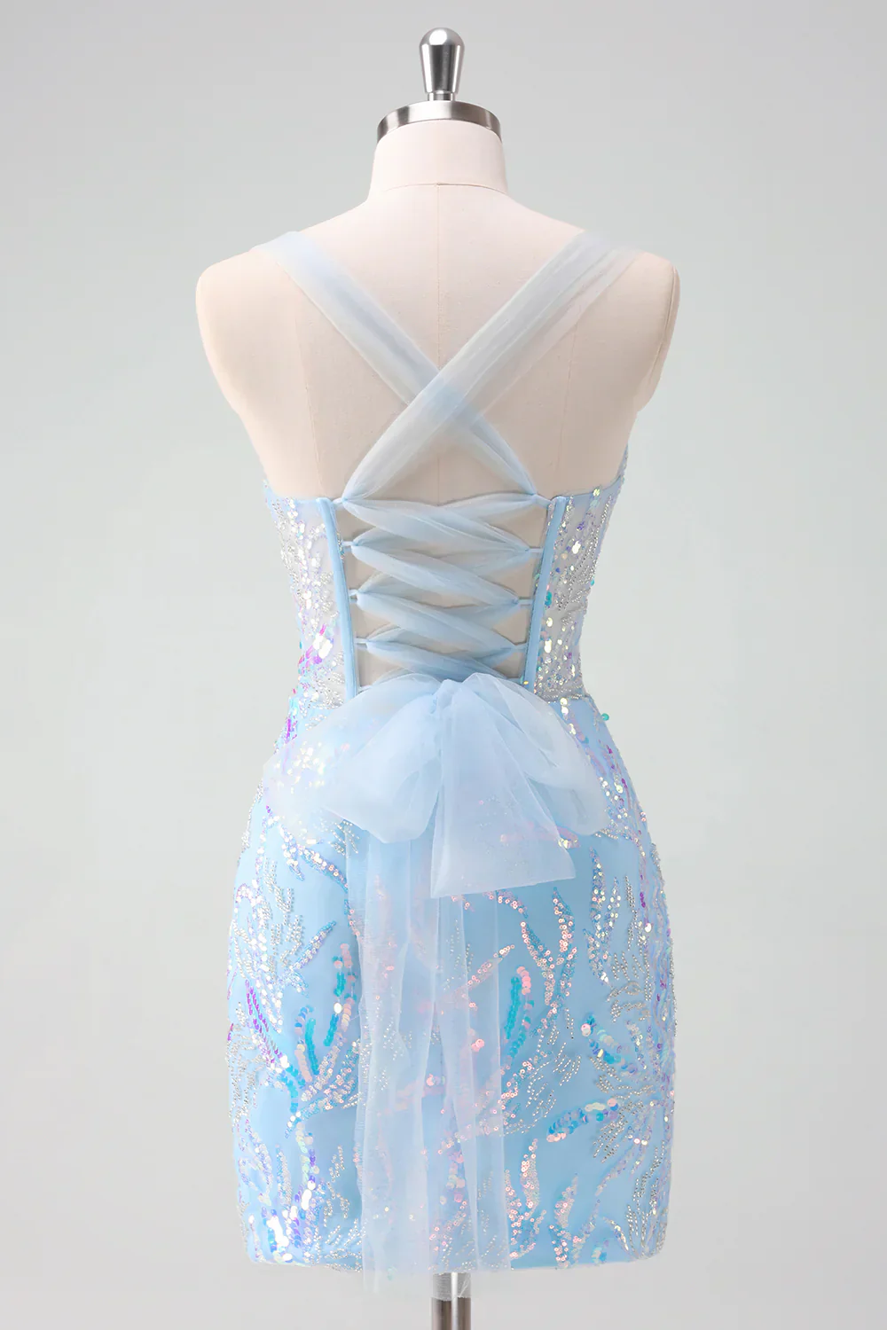 Light Blue Sequined Embroidery Tight Corset Homecoming Dress PD562 - Image 5