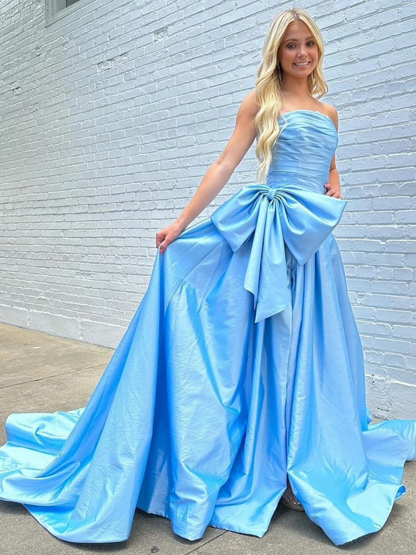 A-line Strapless Taffeta Long Prom Dress With Slit - Image 5