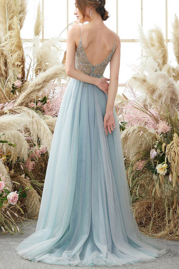 Light Blue Tulle A-line V-neck Spaghetti Straps Beaded Long Prom Dresses, MP658 - Image 2