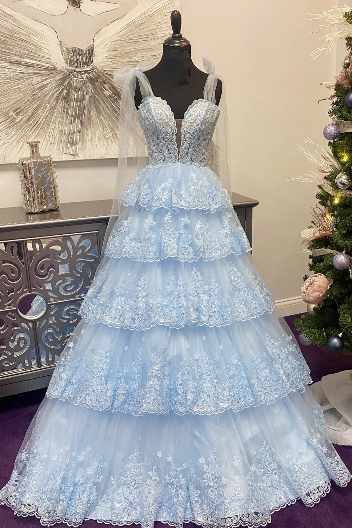 Tulle Appliques Tying Strap Ruffle Tiered Long Prom Dress - Image 4
