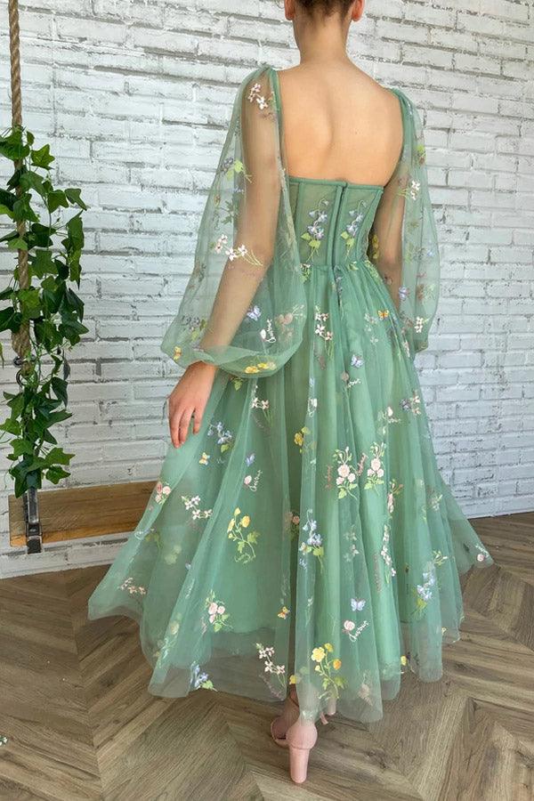 Embroidered Tulle Light Green Prom dress With Puffy Long Sleeve PSK304 - Image 4