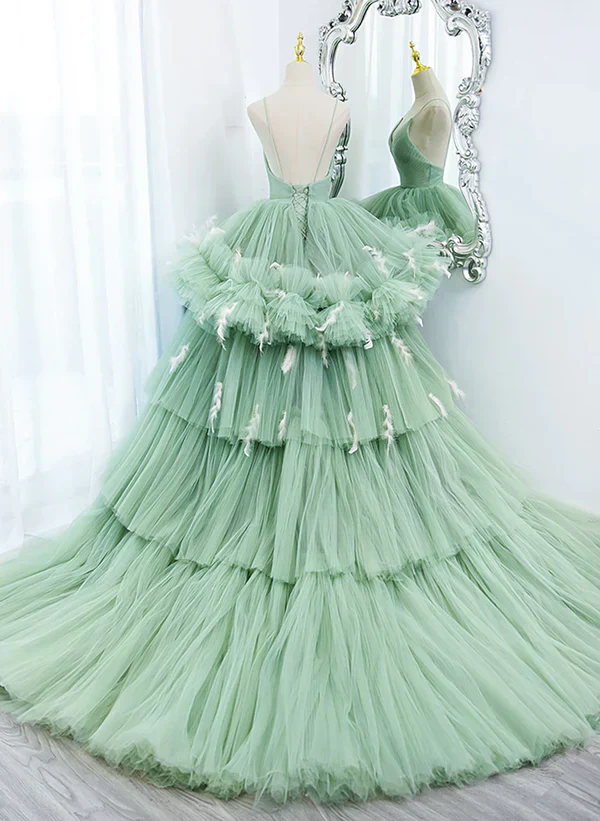 Light Green Tulle Layers Low Back Prom Dress Sweet 16 Dress Quinceanera Dress - Image 2