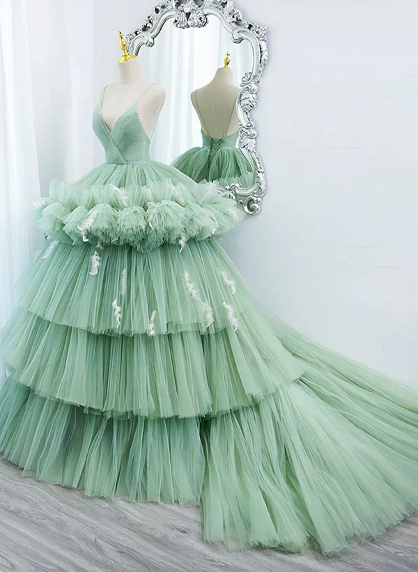 Light Green Tulle Layers Low Back Prom Dress Sweet 16 Dress Quinceanera Dress - Image 3