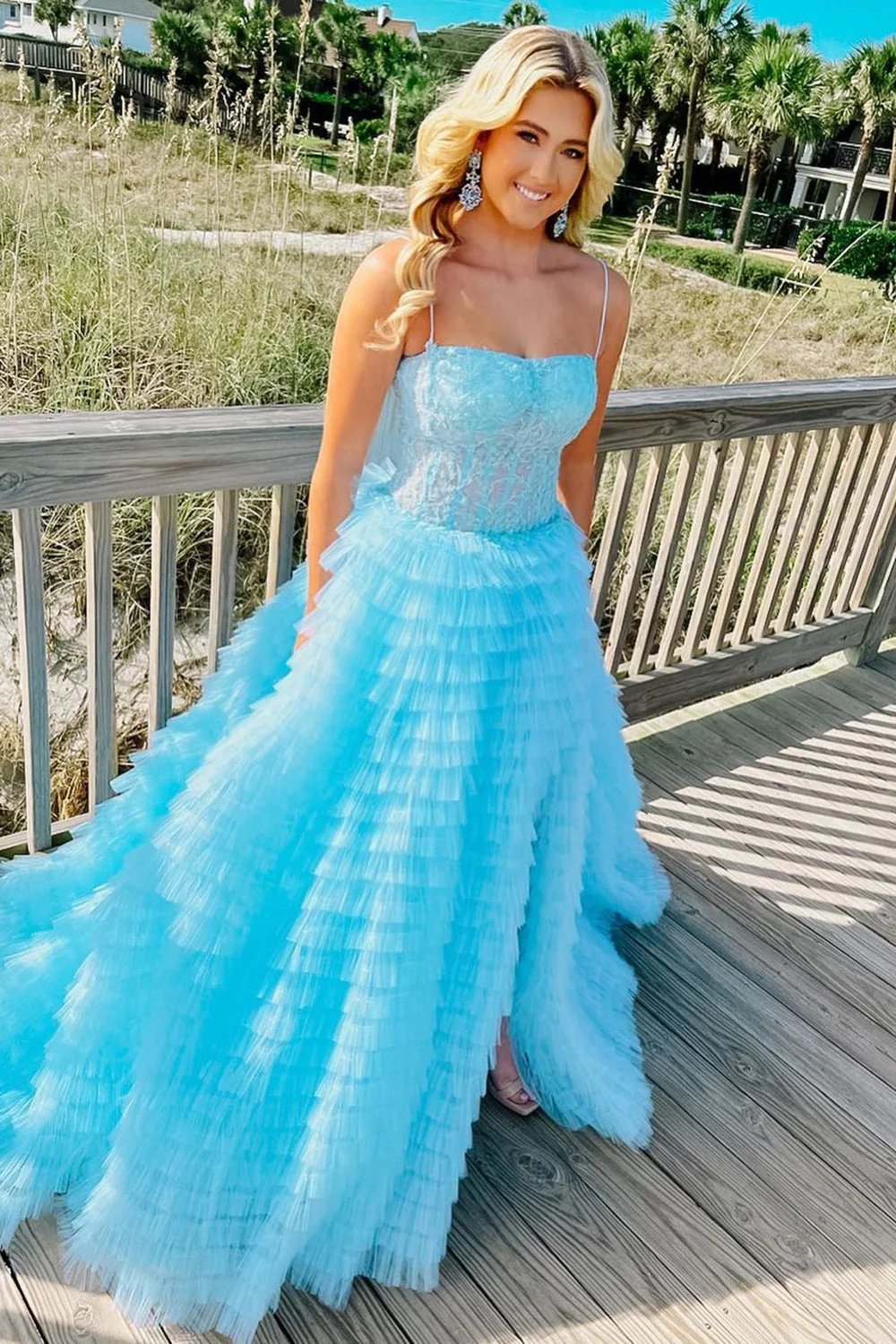 A Line Spaghetti Straps Tulle Tiered Long Corset Prom Dress - Image 5