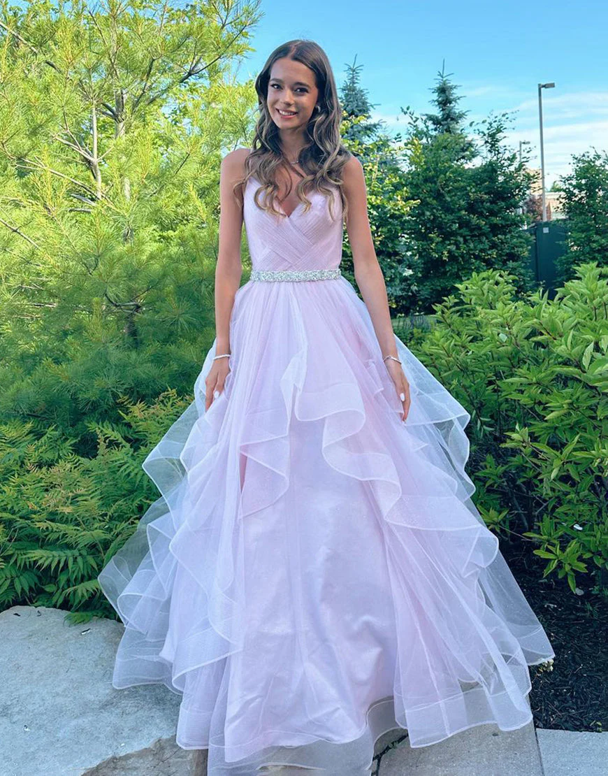 A-Line V-Neck Ruffled Tulle Prom Dress With Belt - Image 3
