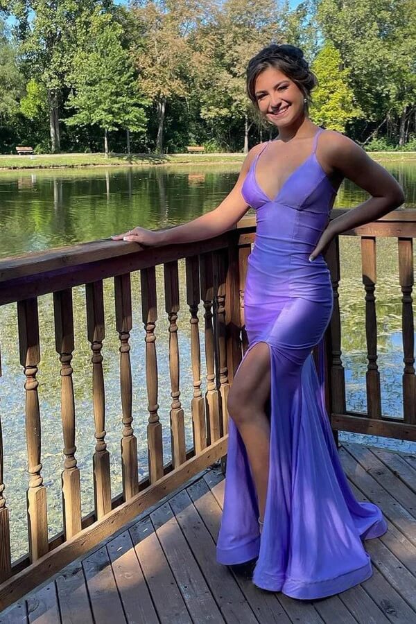 Lilac Mermaid Spaghetti Straps Floor Length Prom Dresses With Slit - Image 2