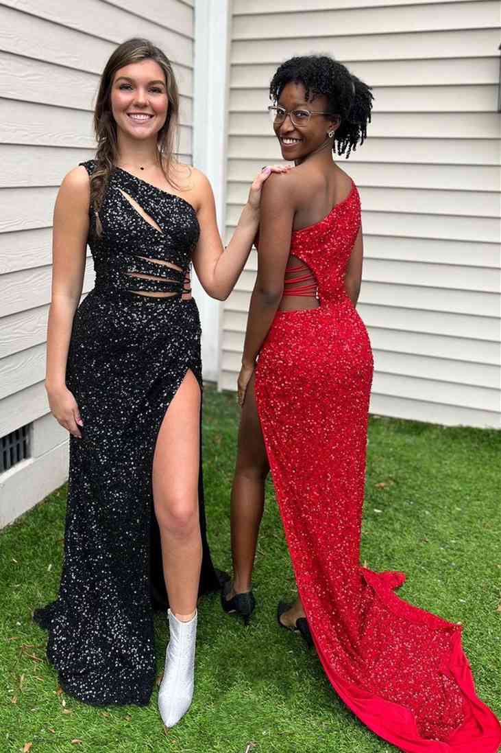 Lilac One Shoulder Cut-Out Mermaid Sequins Slit Long Prom Dress - Image 4