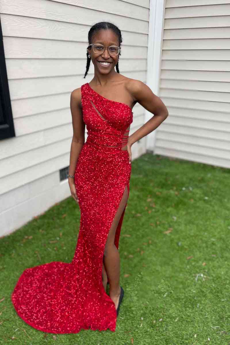 Lilac One Shoulder Cut-Out Mermaid Sequins Slit Long Prom Dress - Image 6