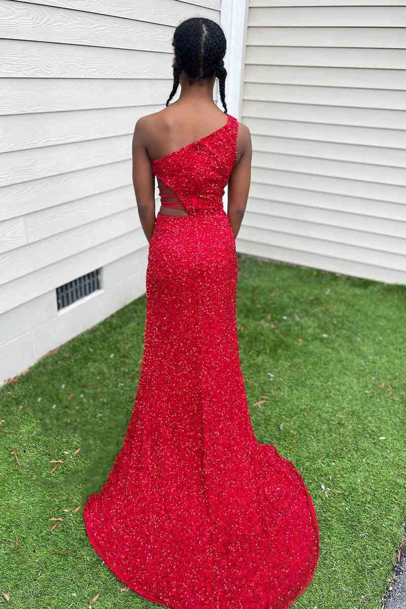 Lilac One Shoulder Cut-Out Mermaid Sequins Slit Long Prom Dress - Image 7
