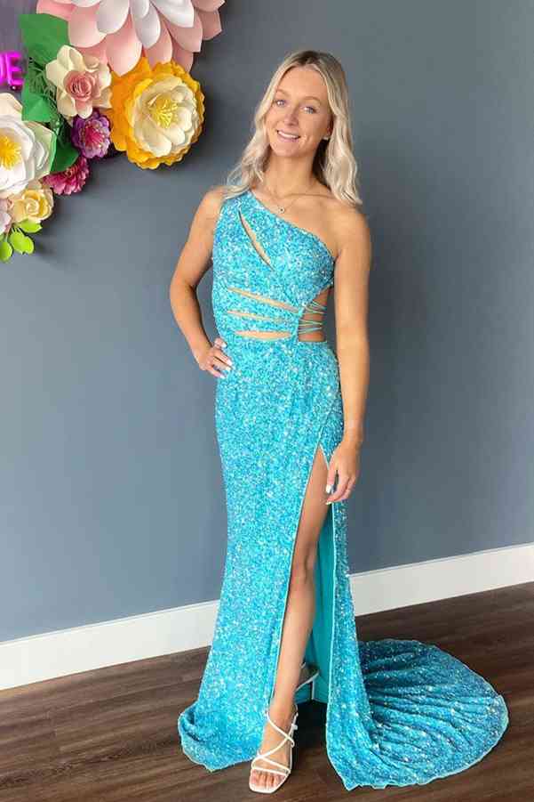 Lilac One Shoulder Cut-Out Mermaid Sequins Slit Long Prom Dress - Image 8
