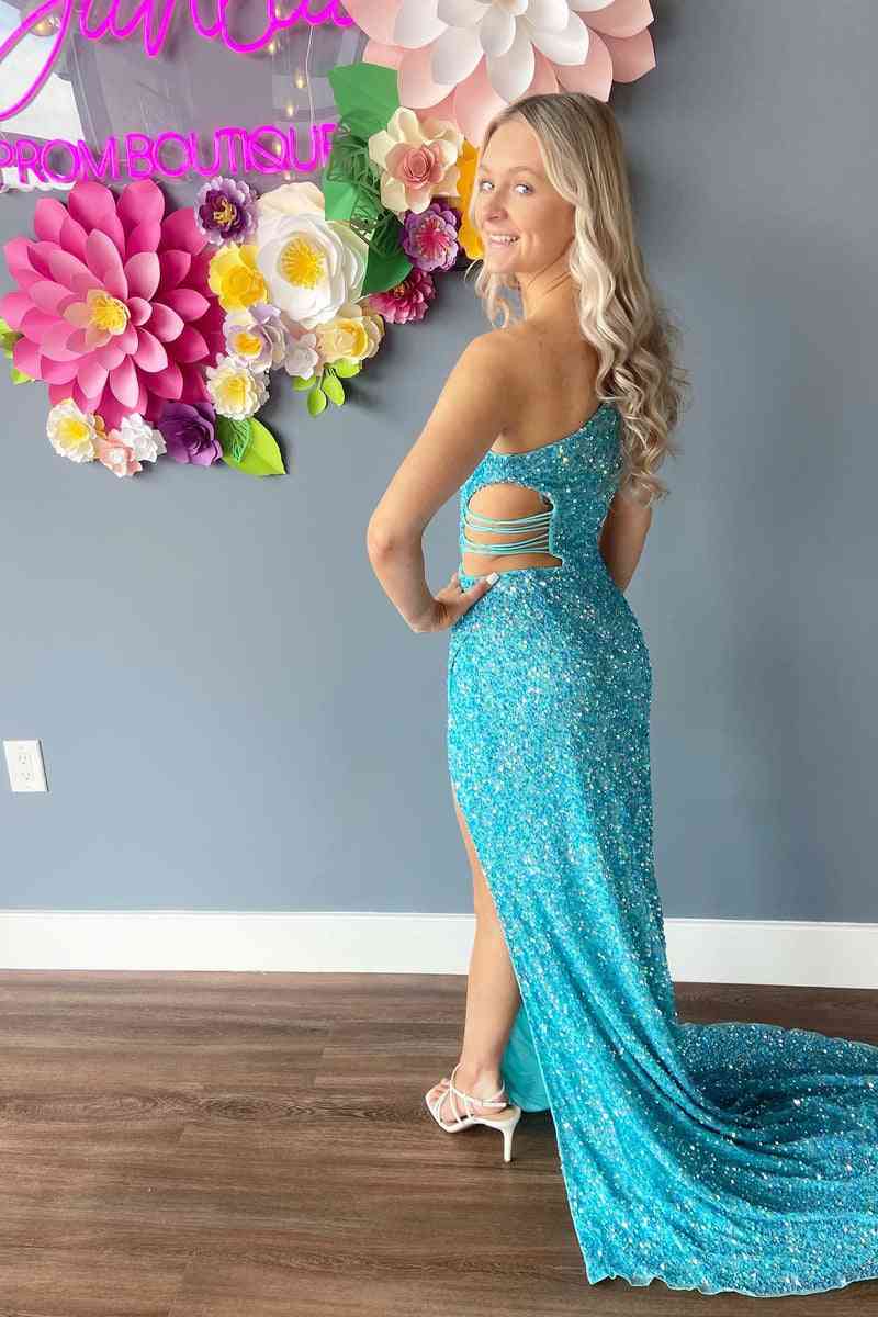Lilac One Shoulder Cut-Out Mermaid Sequins Slit Long Prom Dress - Image 9