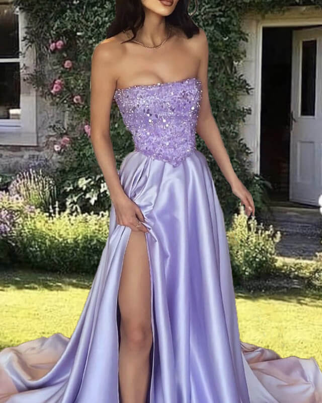 Lilac Sequin Strapless Split Satin Gown Prom Dresses With Slit - Image 2