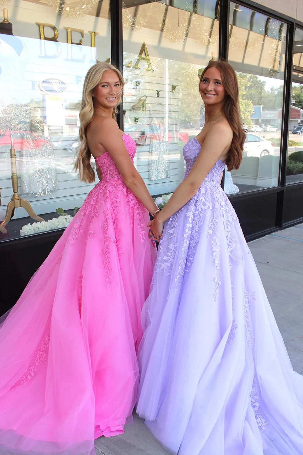 Lilac Strapless A-Line Tulle Long Corset Prom Dress with Appliques - Image 4