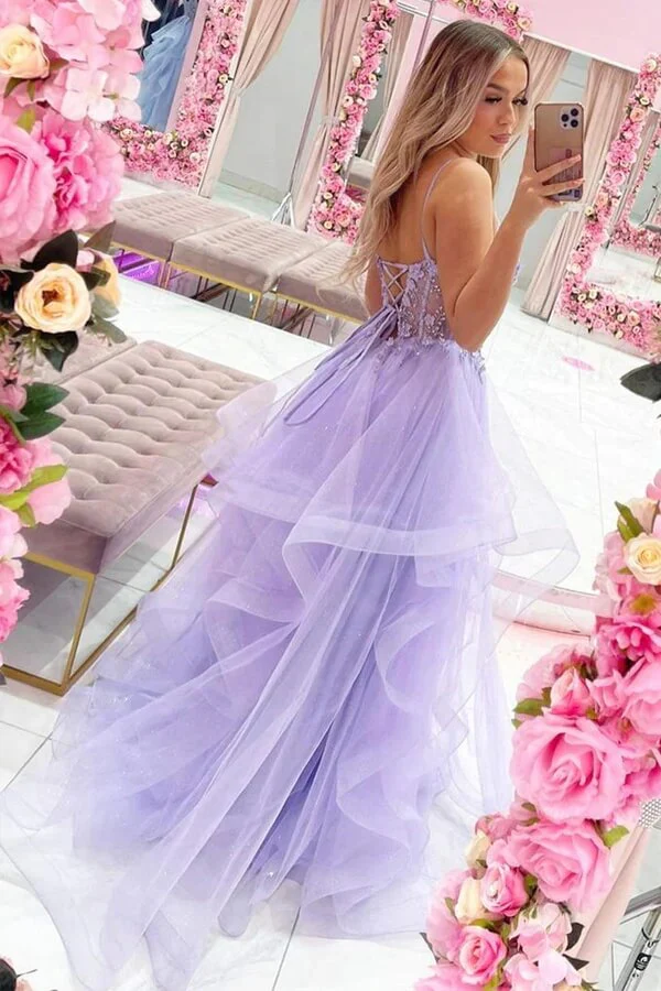Tulle A-line V-neck Lace Appliques Long Prom Dresses, Evening Gown - Image 3