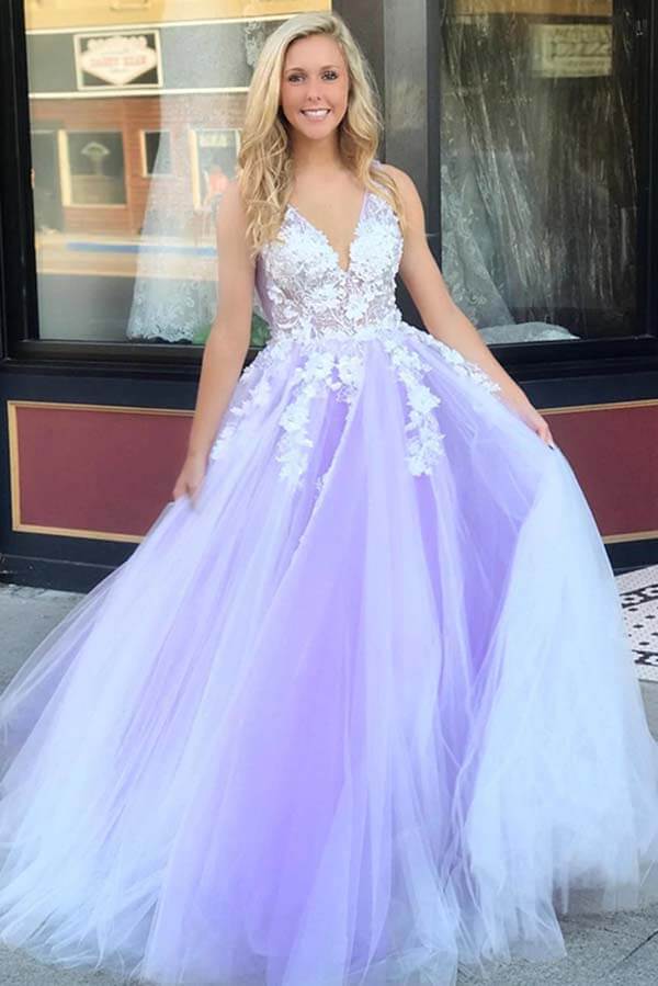 Lilac Tulle Lace A-line V-neck Open Back Prom Dresses, Long Formal Dress, MP688 - Image 3