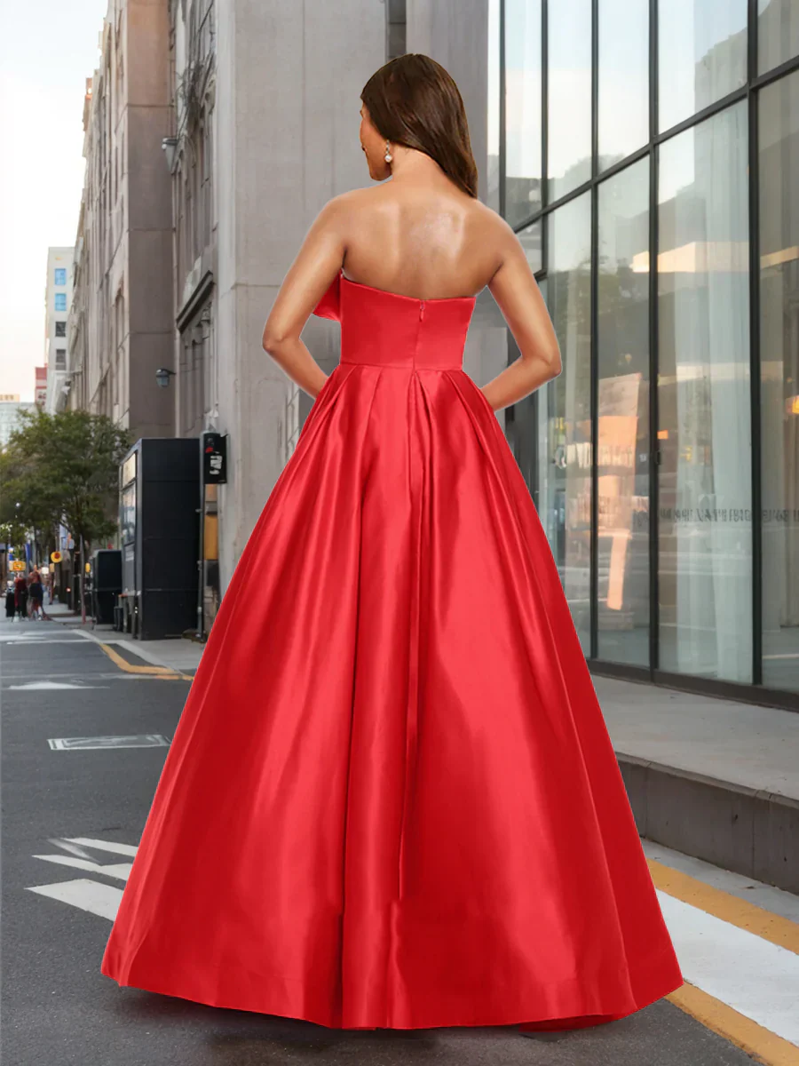 A-Line/Princess Strapless Asymmetrical Slit Long Prom Dresses with Bow - Image 2
