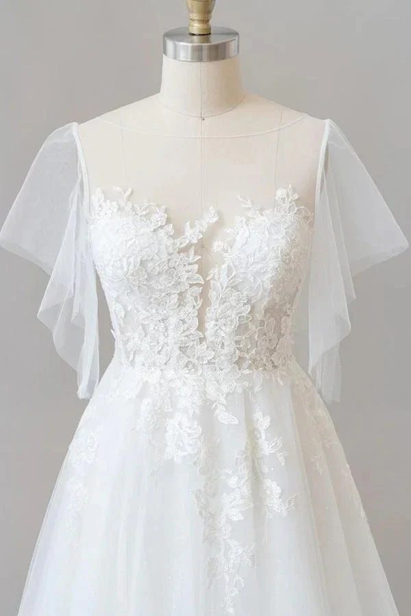 Long A-line Appliques Lace Tulle Wedding Dress with Sleeves - Image 5