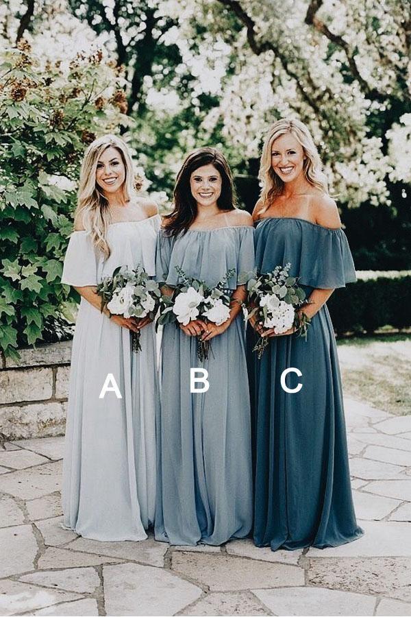 Long Chiffon Off The Shoulder Slate Gray Bridesmaid Dresses - Image 2