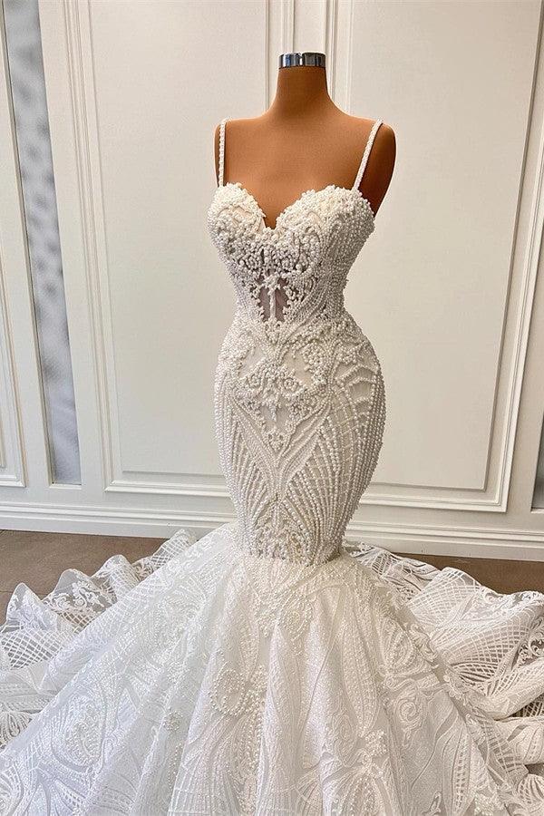 Long Mermaid Sweetheart Spaghetti Straps Tulle Beading Wedding Dress with Ruffles - Image 2