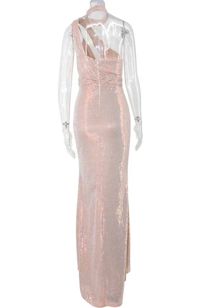 Long Pink High Neck Slit Prom Evening Dresses - Image 4