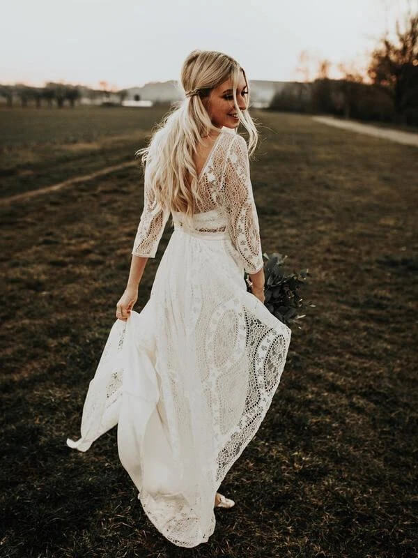 Long Sleeves Lace A-line Rustic Wedding Dresses, Wedding Gowns - Image 4