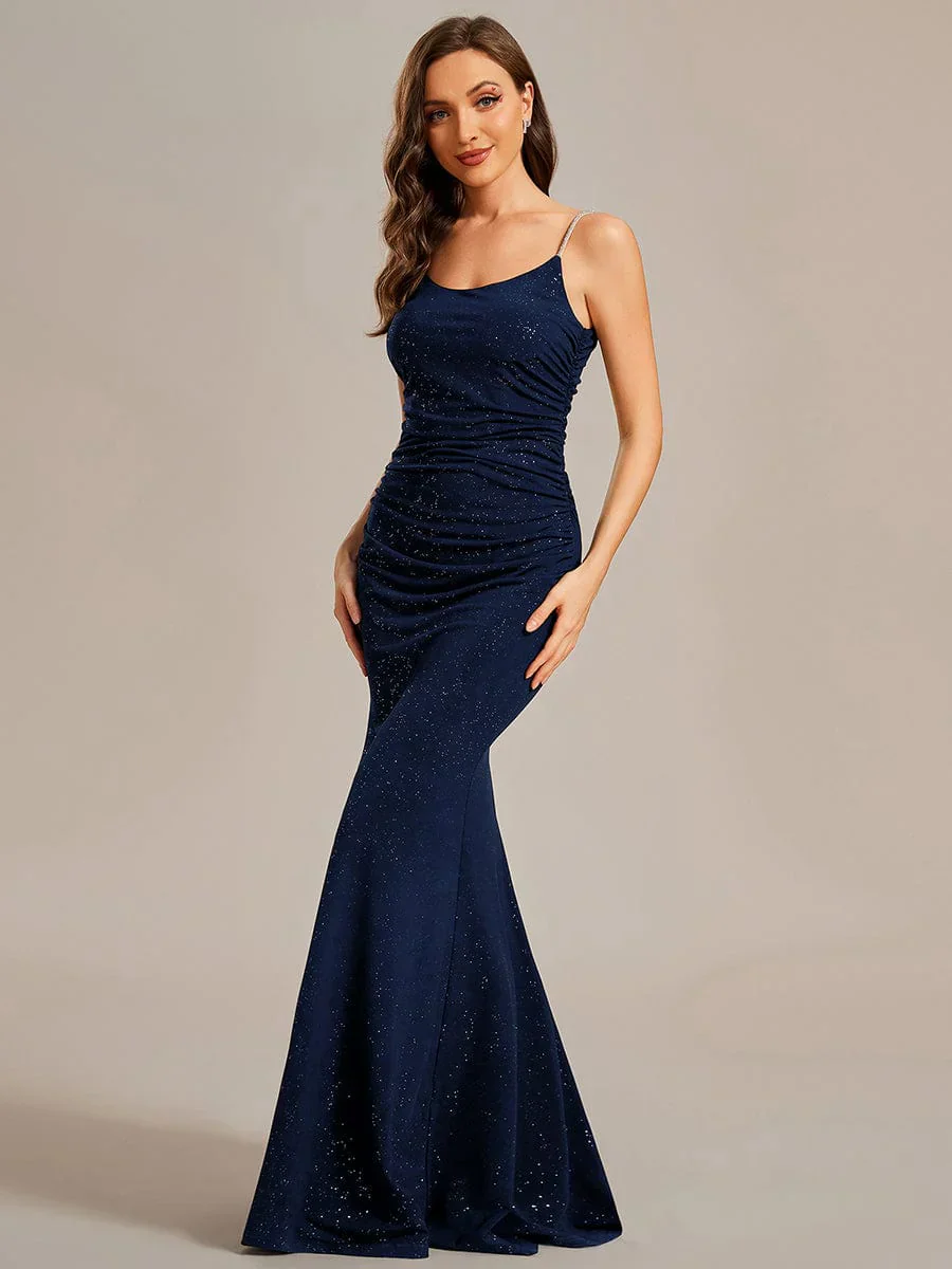 Low back rushed ball dress with sparkling straps in navy wide - Image 3