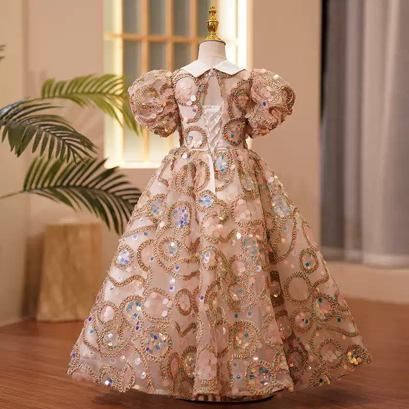 First Communion Dress Baby Girl Easter Dress Girl Summer Luxury Sequins Puff Sleeves Pageant Princess Dress - Image 3