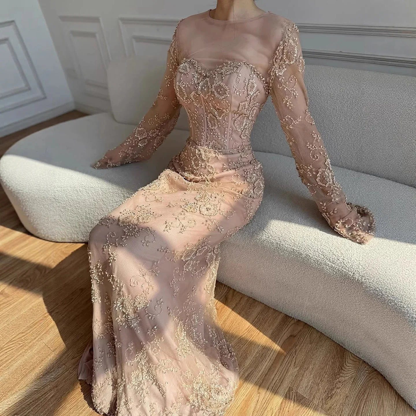 Luxury Arabic Lace Beaded Mermaid Evening Dress with Sleeves LA72545 - Image 14