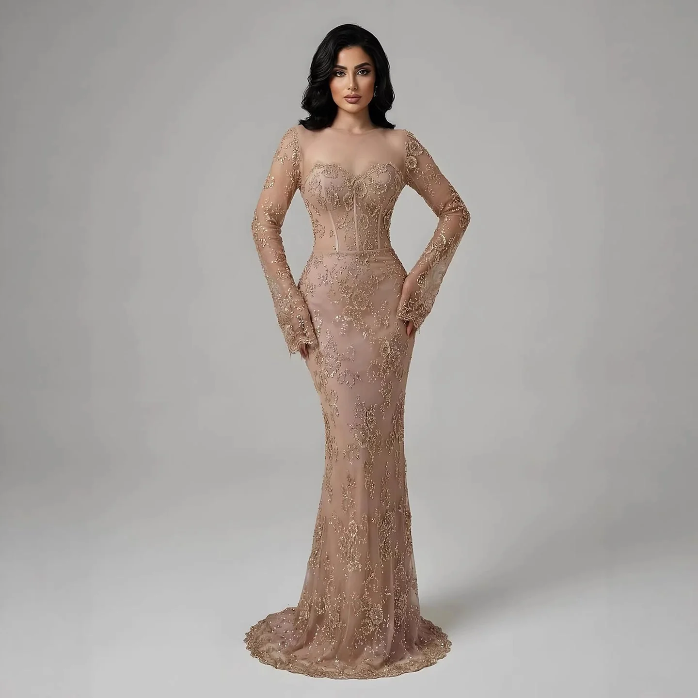 Luxury Arabic Lace Beaded Mermaid Evening Dress with Sleeves LA72545 - Image 9