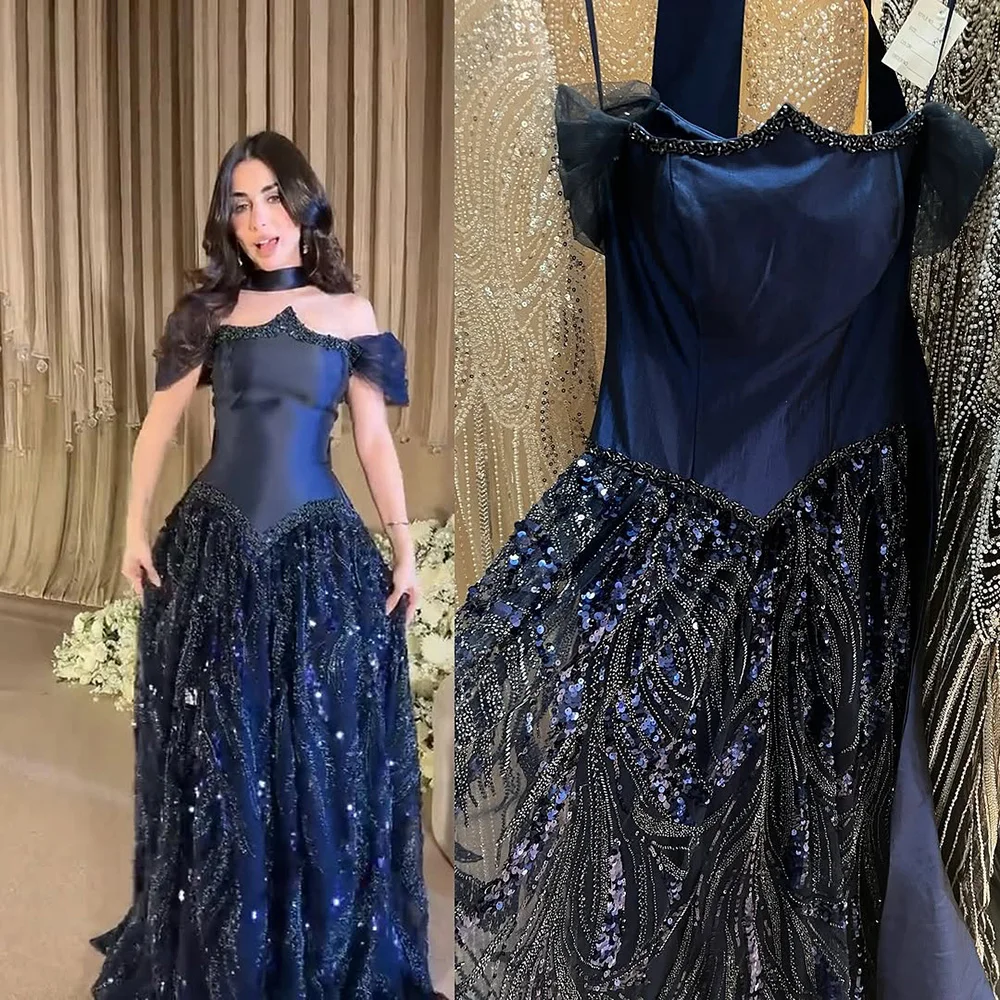 Luxury Arabic Navy A-Line Evening Dress with Beaded - Image 4