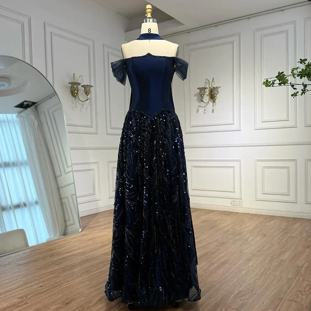 Luxury Arabic Navy A-Line Evening Dress with Beaded - Image 8