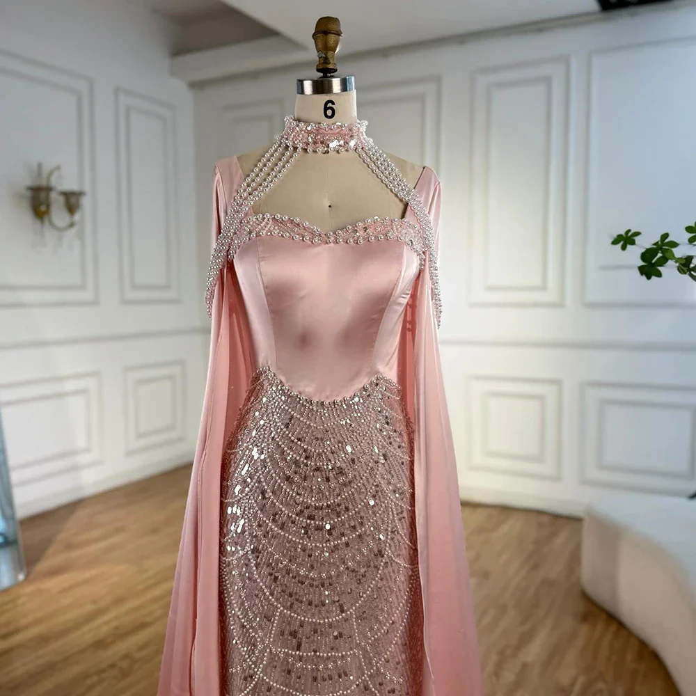 Luxury Arabic Pearls Pink Evening Dress with Cape LA73051 - Image 10