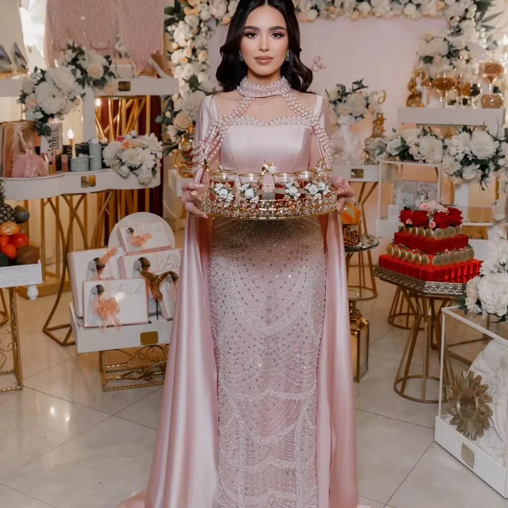 Luxury Arabic Pearls Pink Evening Dress with Cape LA73051 - Image 2
