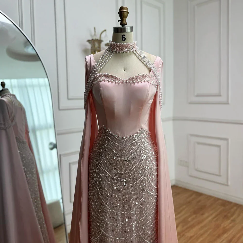 Luxury Arabic Pearls Pink Evening Dress with Cape LA73051 - Image 6