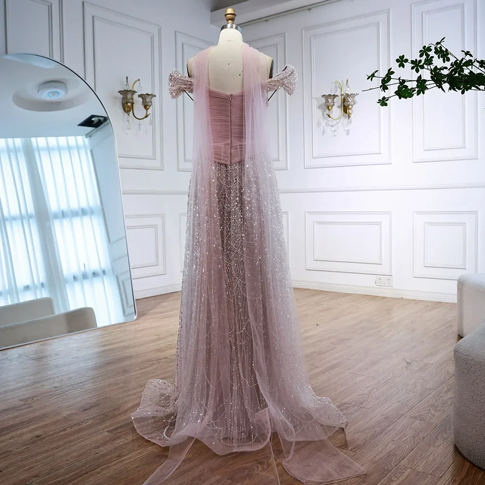 Luxury Arabic Pink Pearls Beaded Evening Dress With Cape LA72922 - Image 12