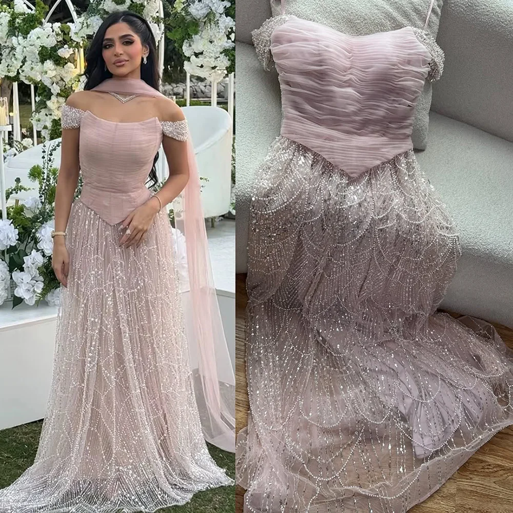 Luxury Arabic Pink Pearls Beaded Evening Dress With Cape LA72922 - Image 4