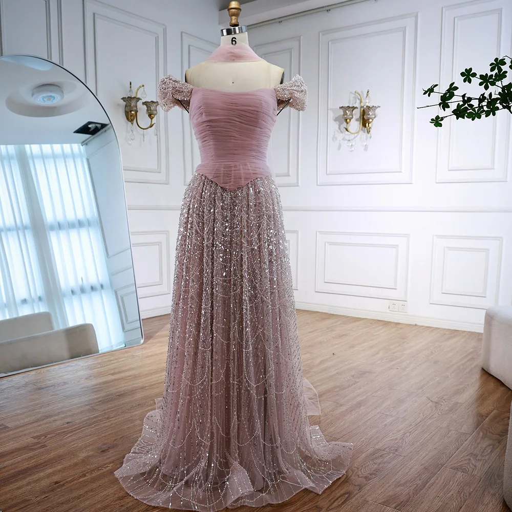 Luxury Arabic Pink Pearls Beaded Evening Dress With Cape LA72922 - Image 9
