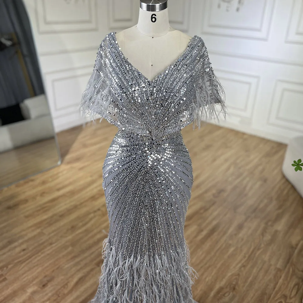 Luxury Arabic Red Mermaid Evening Dress with Feathers Beaded LA71323A - Image 9