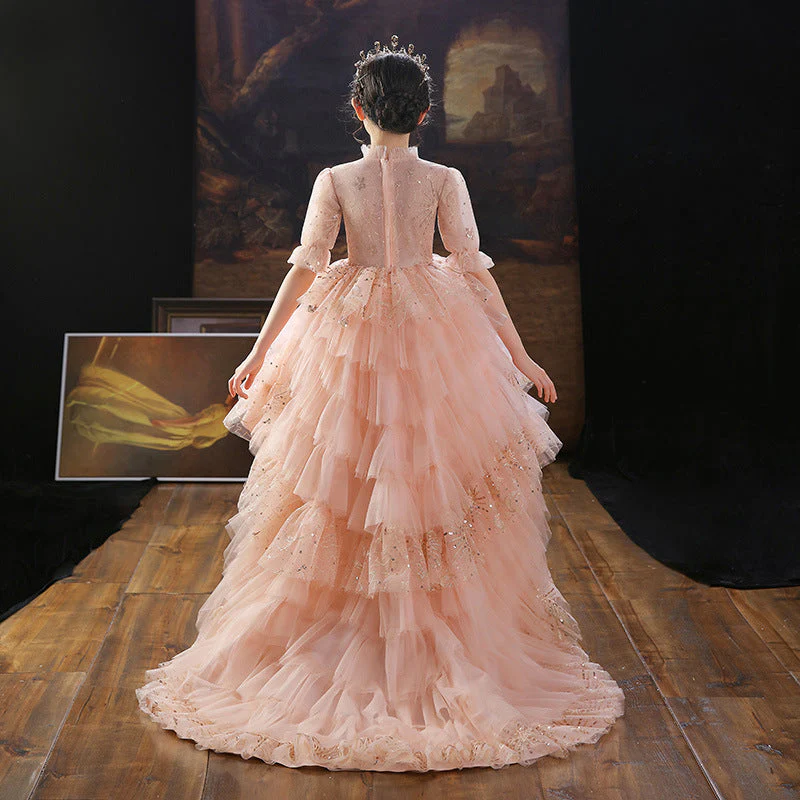 Girl Summer Pink Sequins Trailing Cake Pincess Pageant Birthday Communion Dress - Image 4