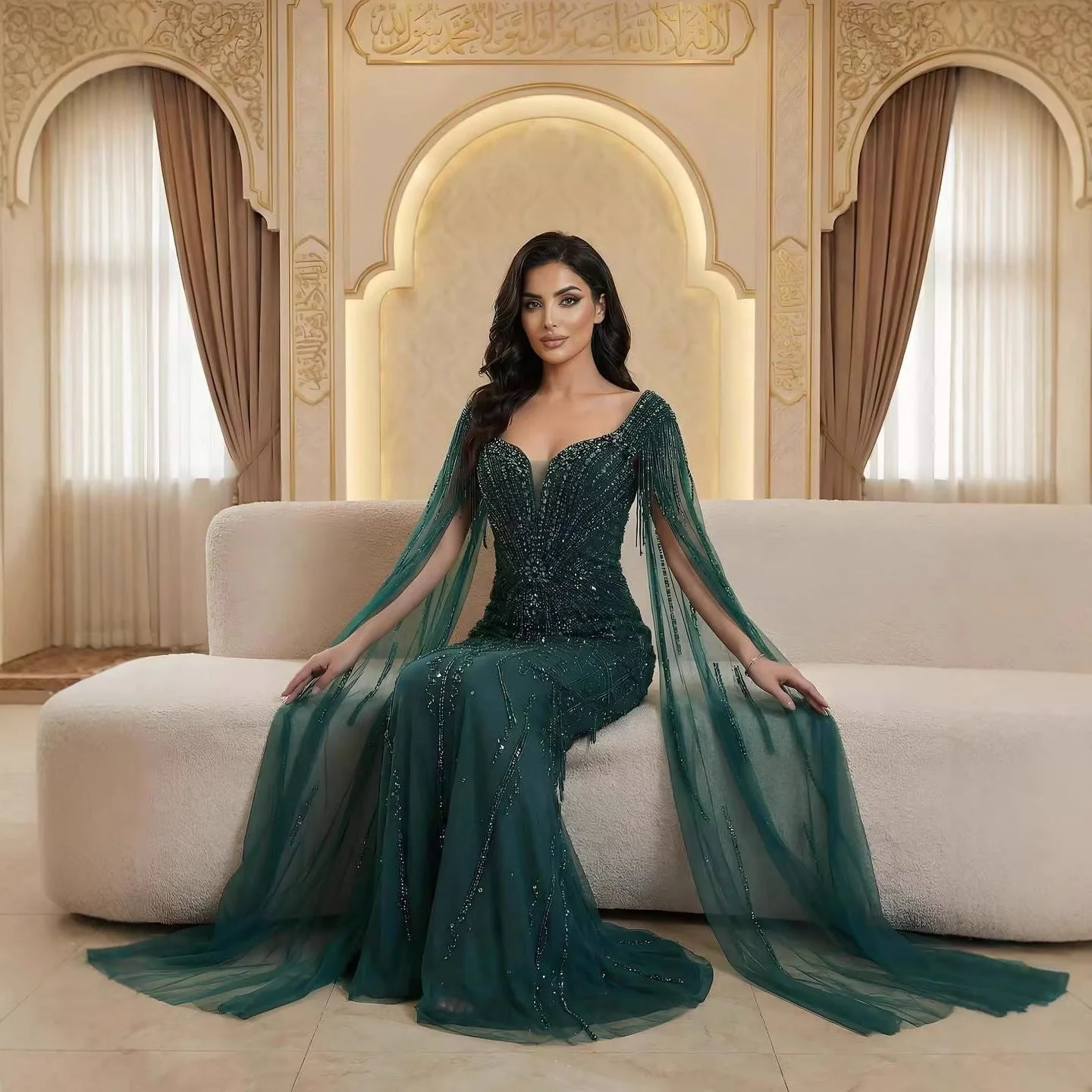 Luxury Caramel Beaded Evening Dress With Cape LA72992A - Image 11