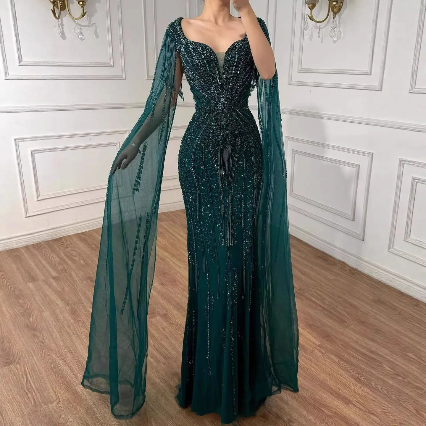 Luxury Caramel Beaded Evening Dress With Cape LA72992A - Image 12