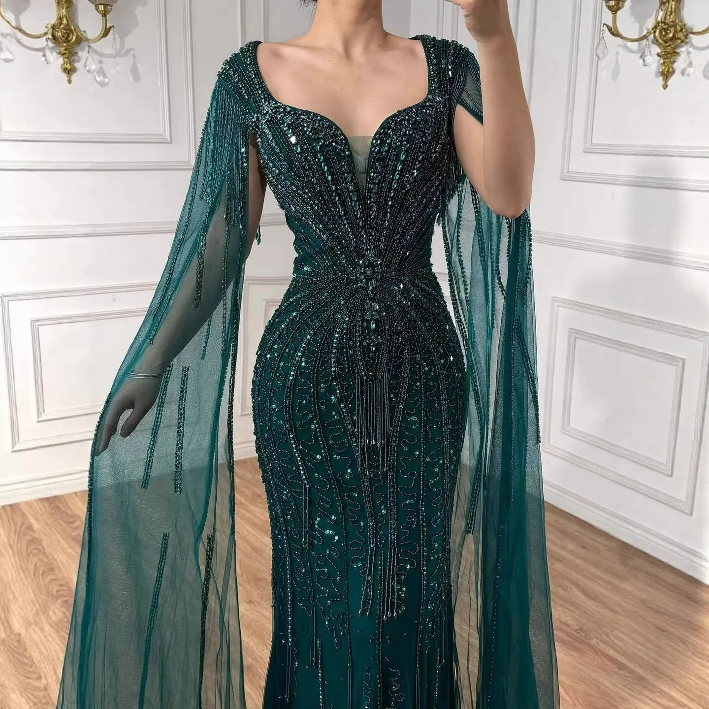 Luxury Caramel Beaded Evening Dress With Cape LA72992A - Image 13