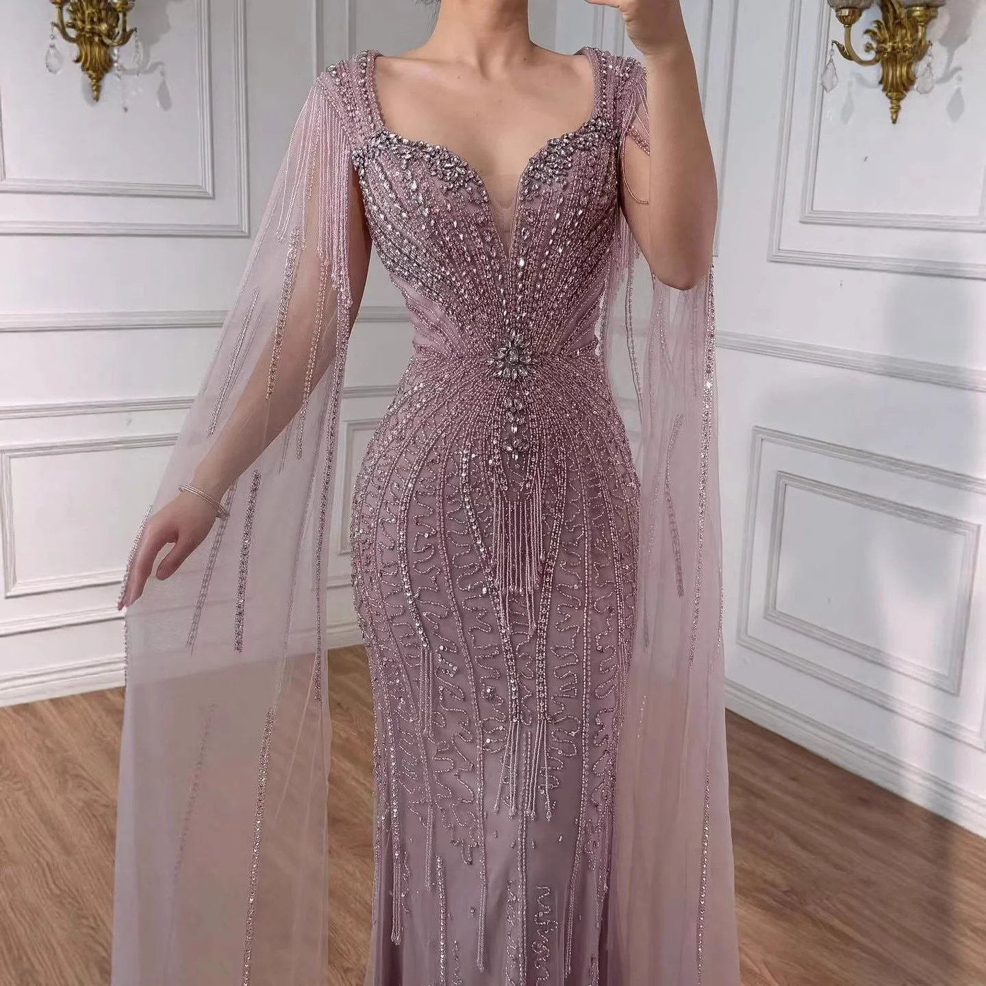 Luxury Caramel Beaded Evening Dress With Cape LA72992A - Image 15