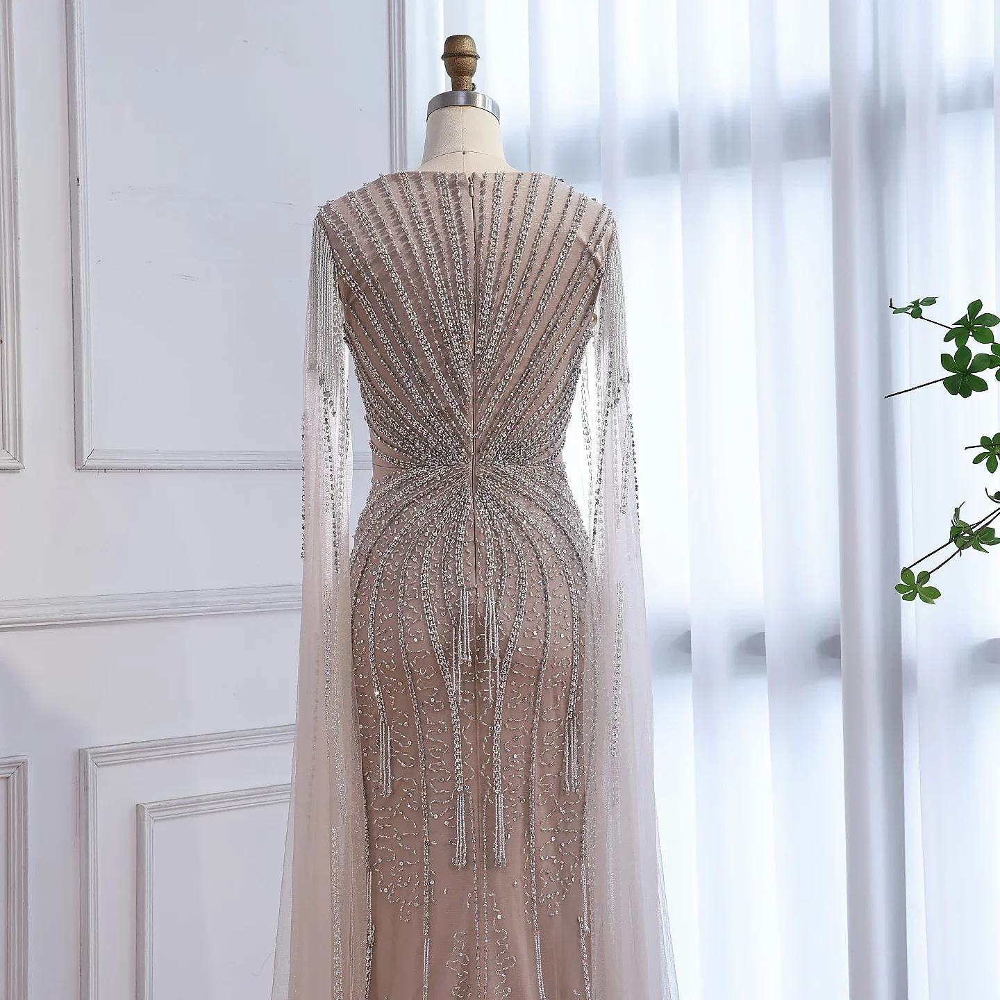 Luxury Caramel Beaded Evening Dress With Cape LA72992A - Image 19