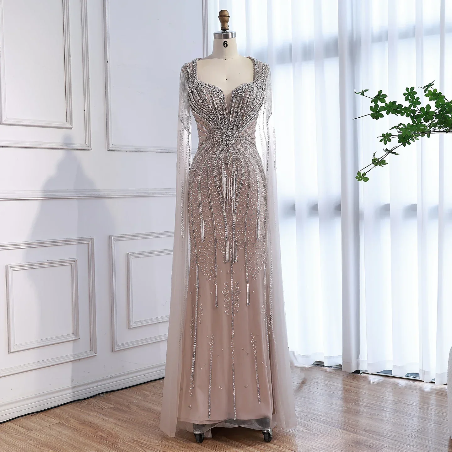 Luxury Caramel Beaded Evening Dress With Cape LA72992A - Image 2