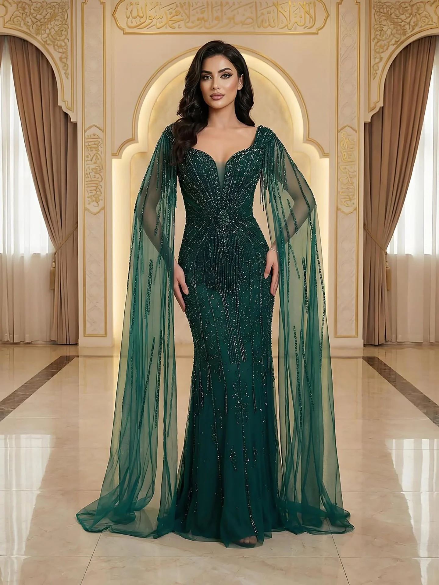 Luxury Caramel Beaded Evening Dress With Cape LA72992A - Image 24