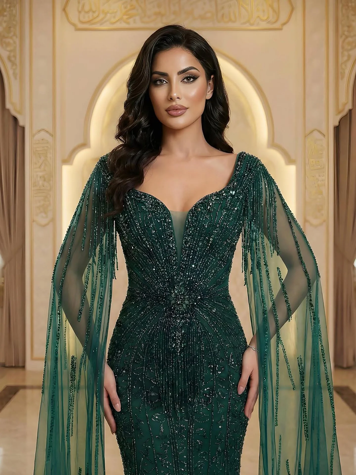Luxury Caramel Beaded Evening Dress With Cape LA72992A - Image 25