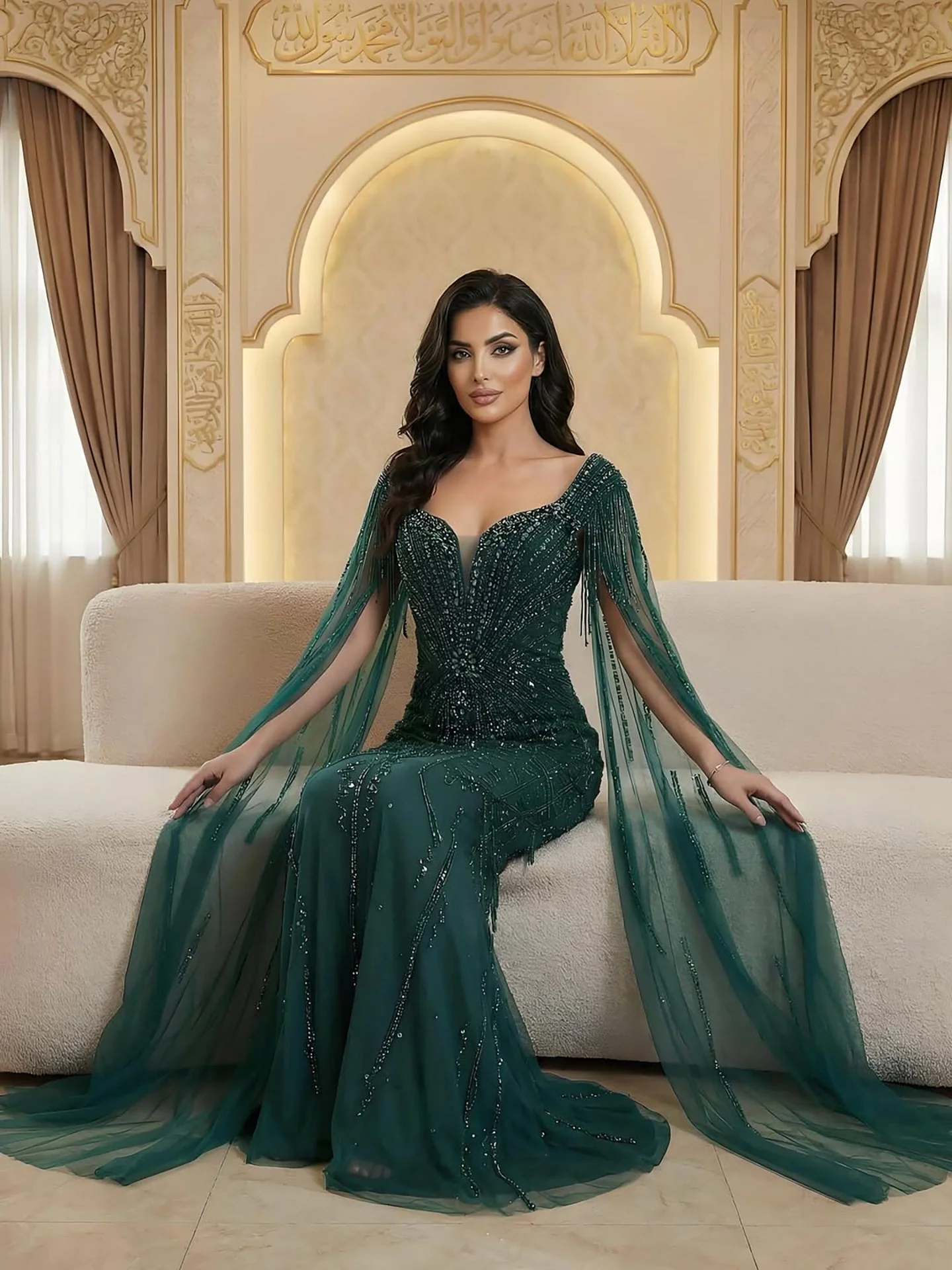 Luxury Caramel Beaded Evening Dress With Cape LA72992A - Image 26