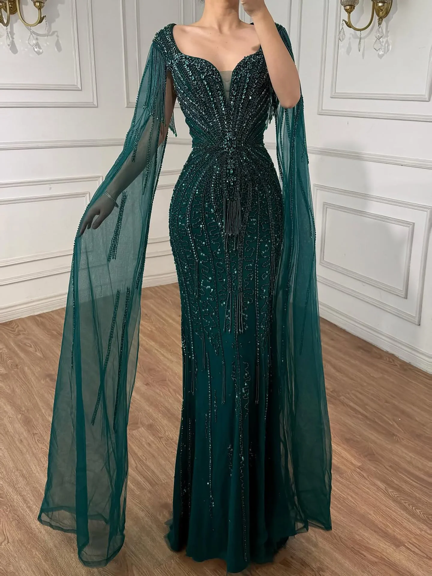 Luxury Caramel Beaded Evening Dress With Cape LA72992A - Image 27